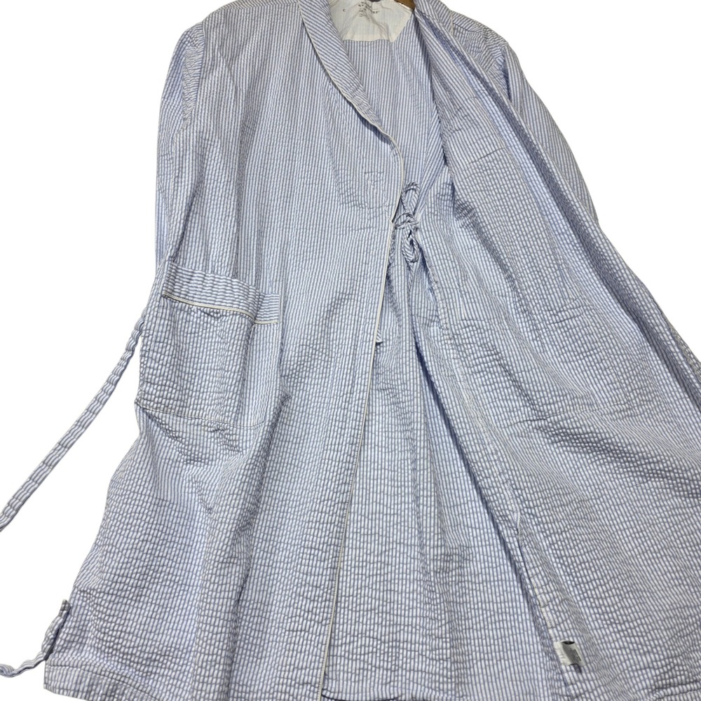 Vermont Country Store Robe Womens Medium Blue Seersucker Cotton Striped Belted - Picture 5 of 8